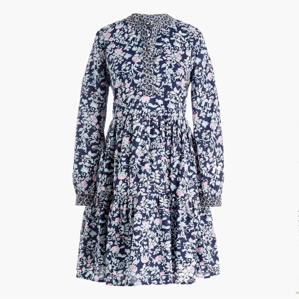 J. Crew Navy Floral Long-Sleeve Tiered Midi Dress